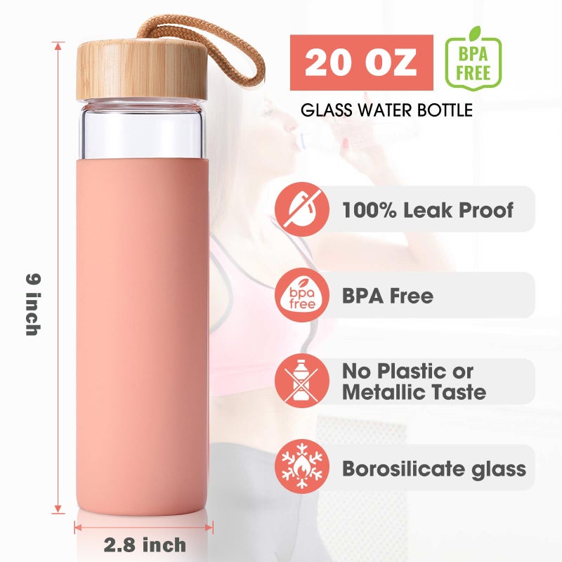 Yomious 20 Oz Borosilicate Glass Water Bottles with Silicone Sleeve BPA Free, Dishwasher Safe - Reusable Clear Glass Drinking with Leak Proof Bamboo Lid | Perfect Gym Water Bottles for Men & Women - Image 3